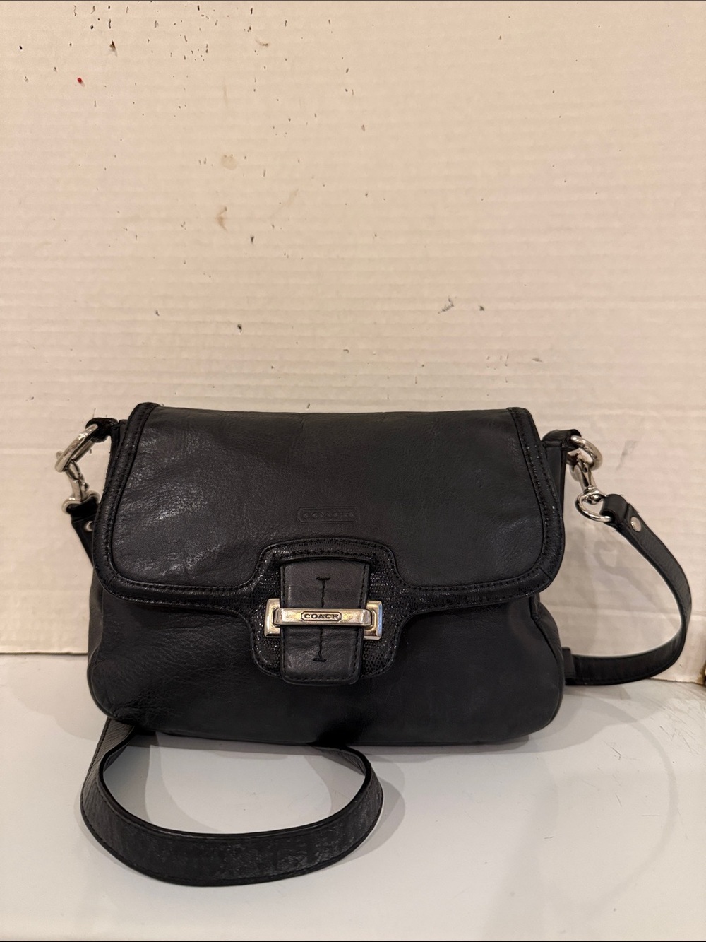 Coach Black Leather Flap Crossbody with Silver Metal Accent